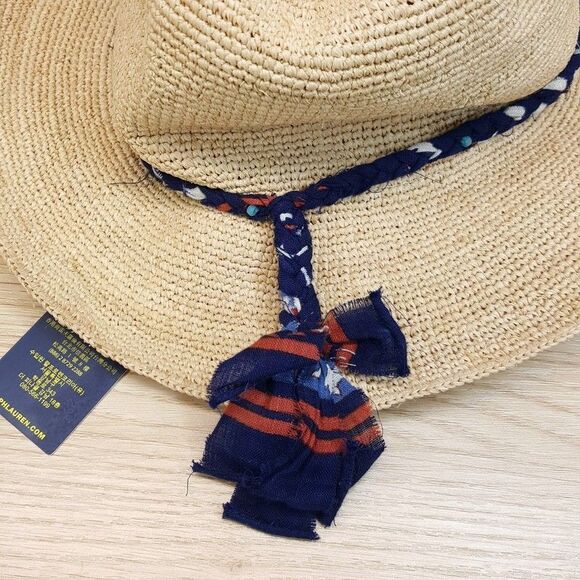 POLO RALPH LAUREN Mens Surf Sider Raffia Fedora Hat Blue Braided Scarf $110 - Picture 4 of 8